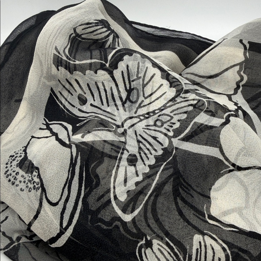 Brighton Black and White Floral Butterflies Design Rectangular 100% Silk Scarf